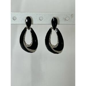 Cute Silver Tone Black Enamel Dangle Post Earrings